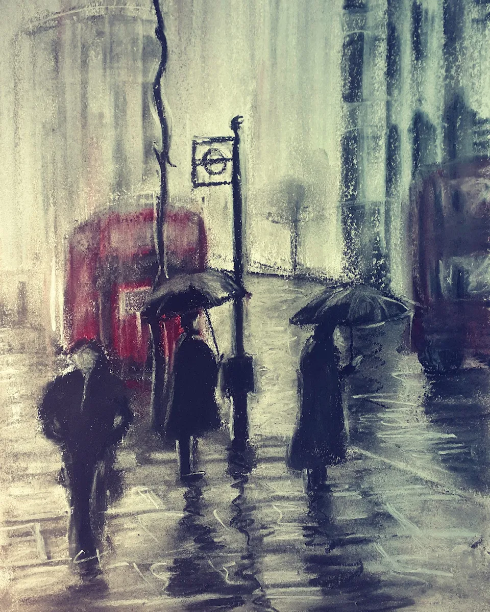 Bus stop, charcoal and pastel art by me, 2022.