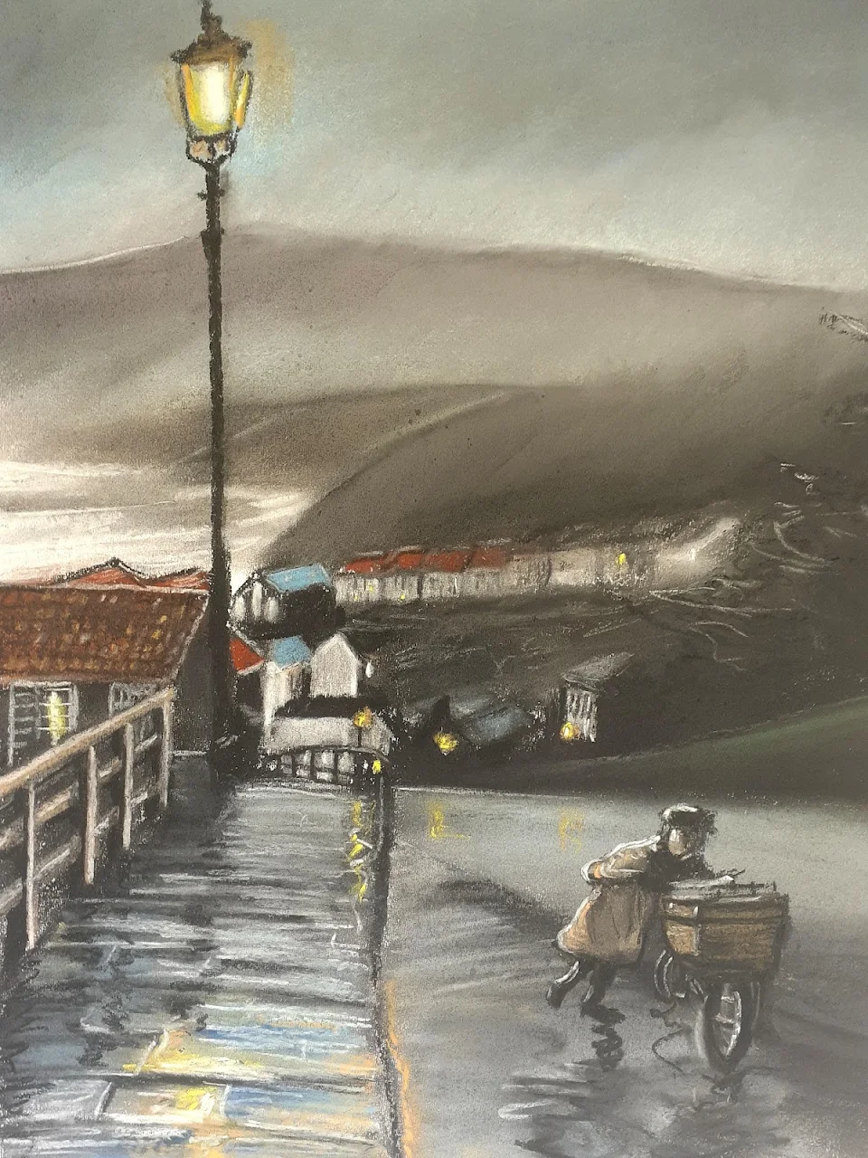 Robin hoods bay deliveries, charcoal and pastel art by me.
