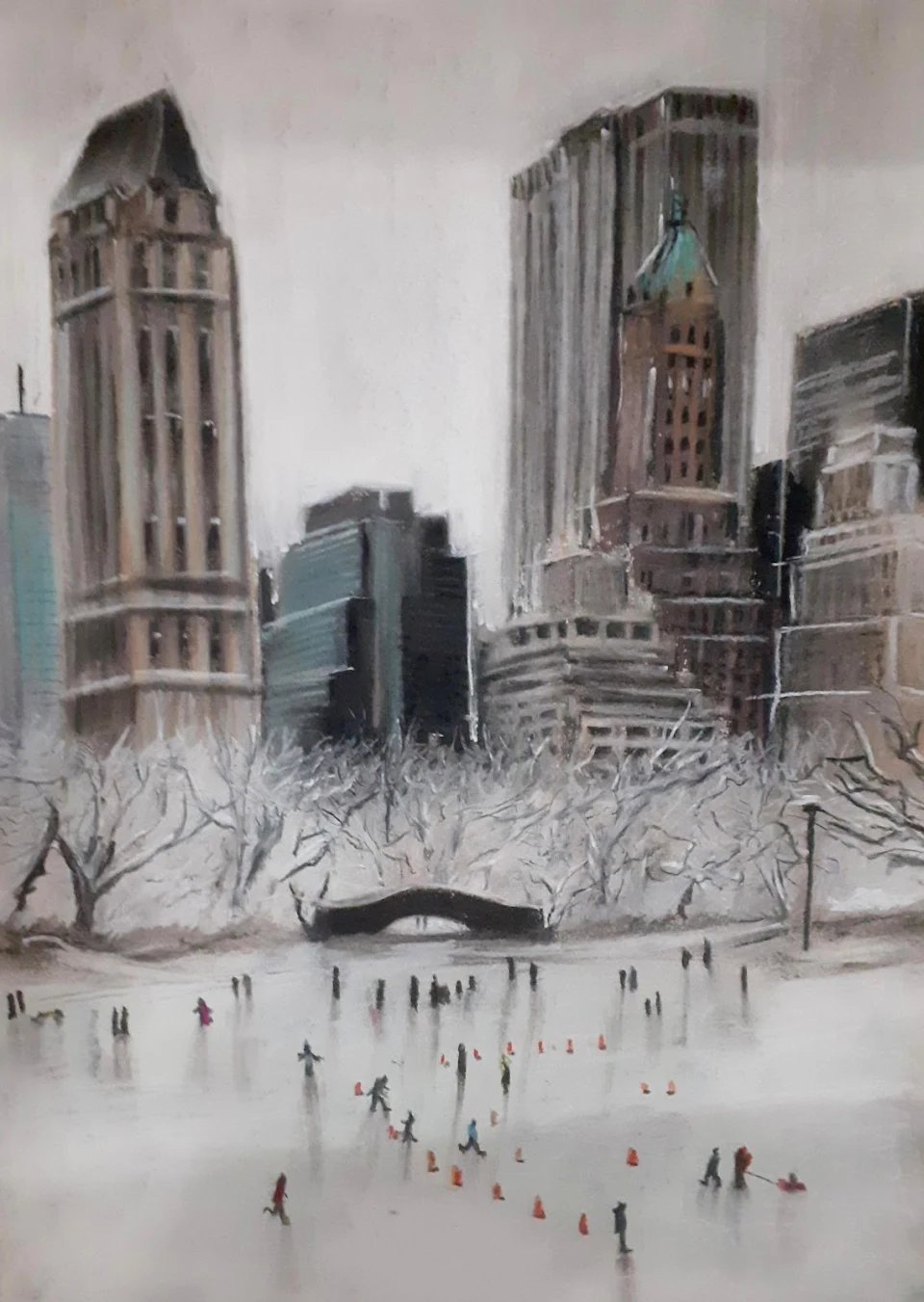 Ice skating in central park, pastel art by me, 2022.