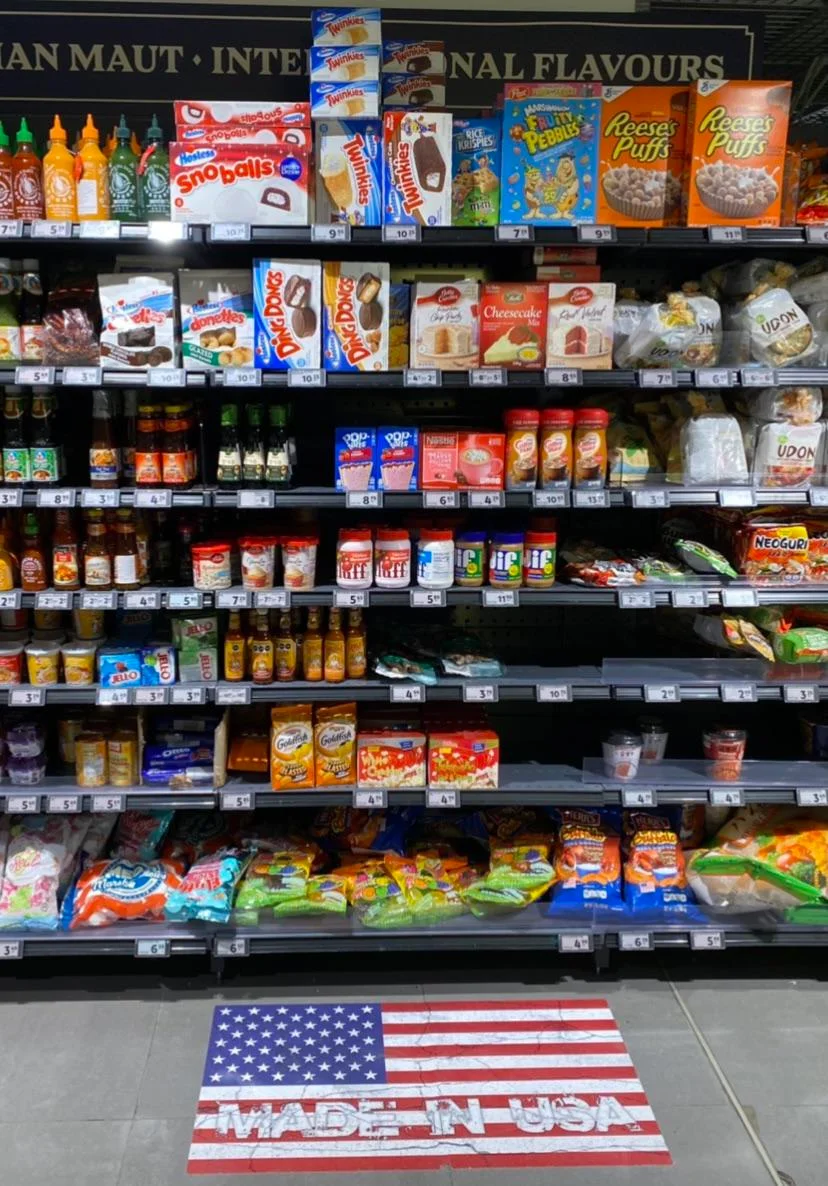 USA section in grocery store in Finland.