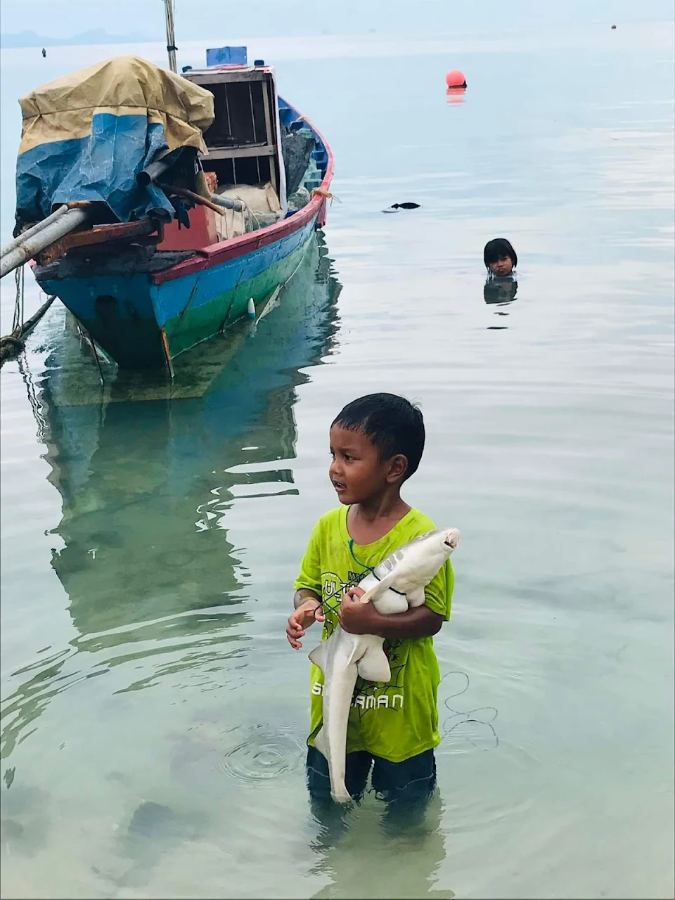 Kid playing with his alive shark pet on a leash on Koh Samui Thailand