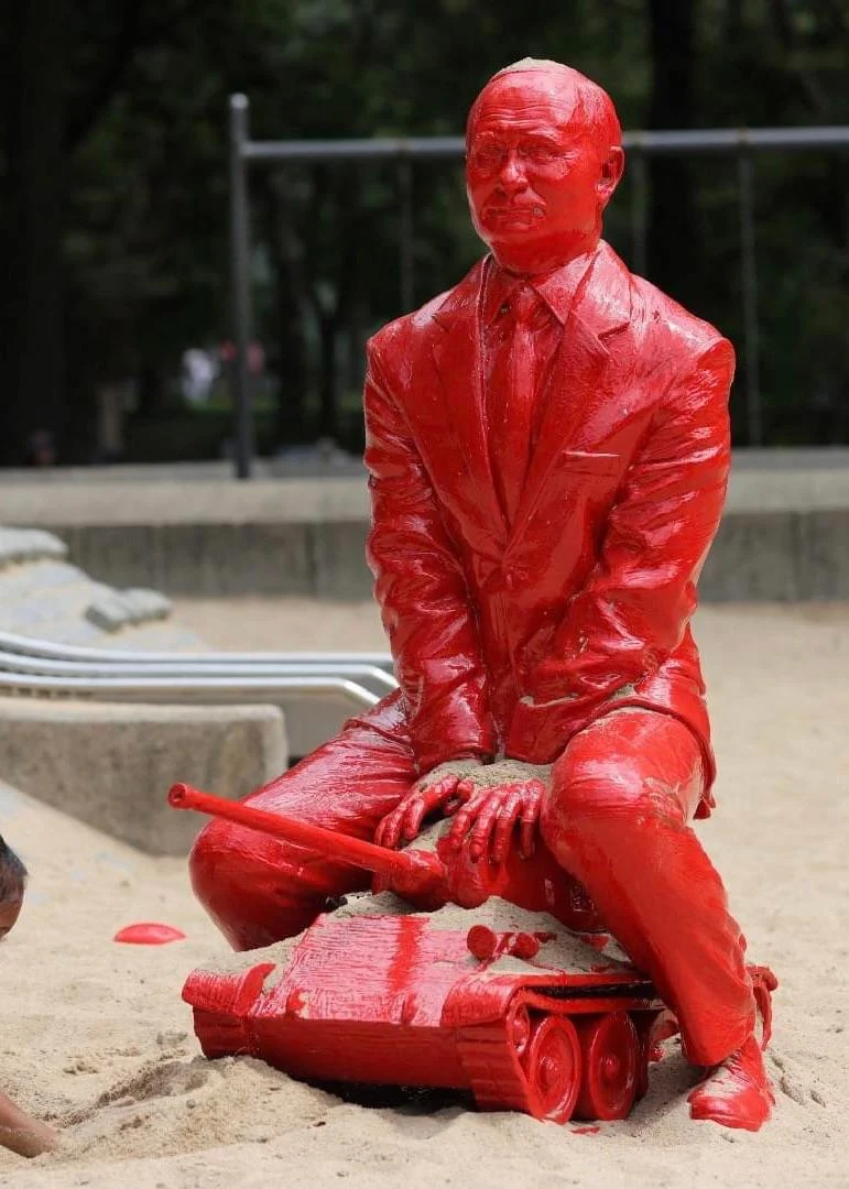 A red statue of Putin riding a tank has been installed in a playground in New York City.