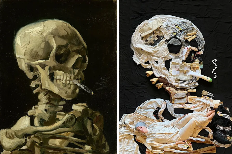 a recreation of Van Gogh’s “Skeleton Smoking a Cigarette” that my dog and I did!