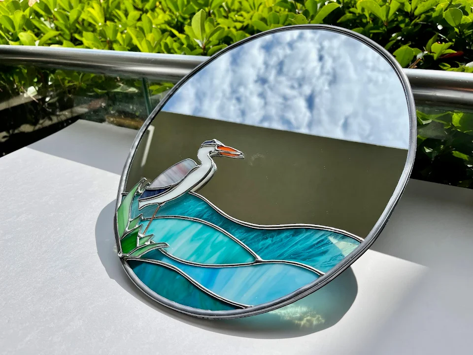 Heron design Stained glass mirror. The result of a quick inspiration
