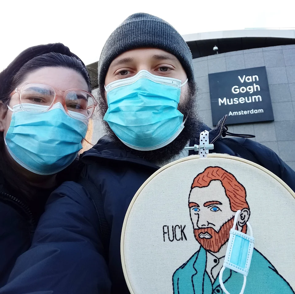 My wife and me, minutes before we attempted to donate our embroidery art to the Van Gogh Museum