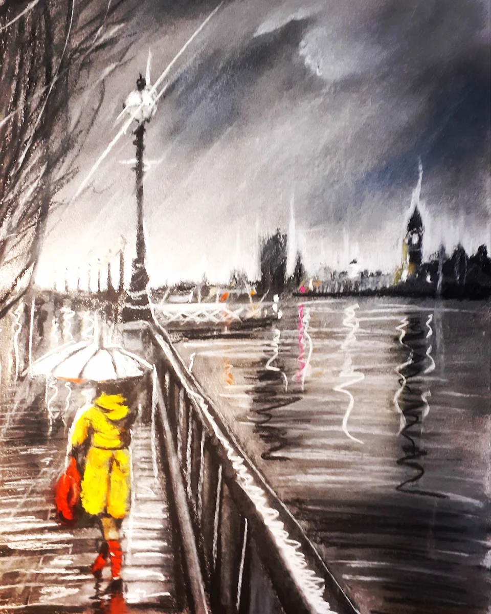 The girl in the yellow coat, charcoal and pastel art by me.
