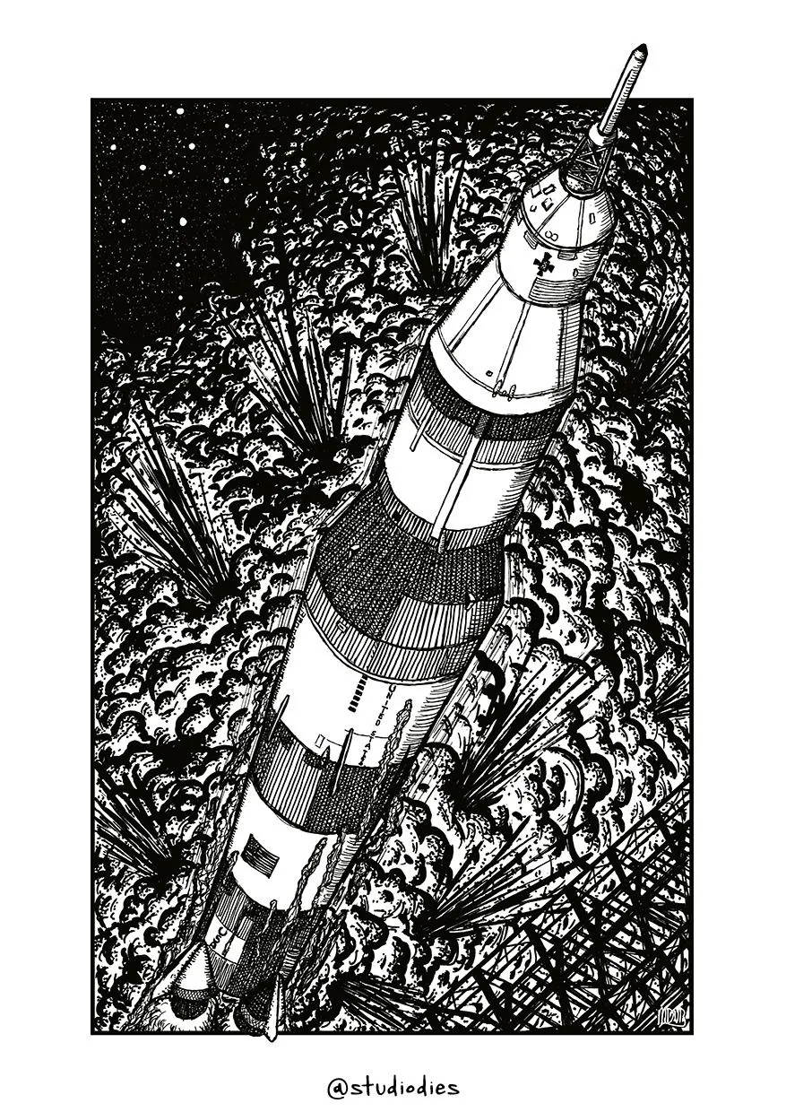 Saturn V, hand-drawn illustration