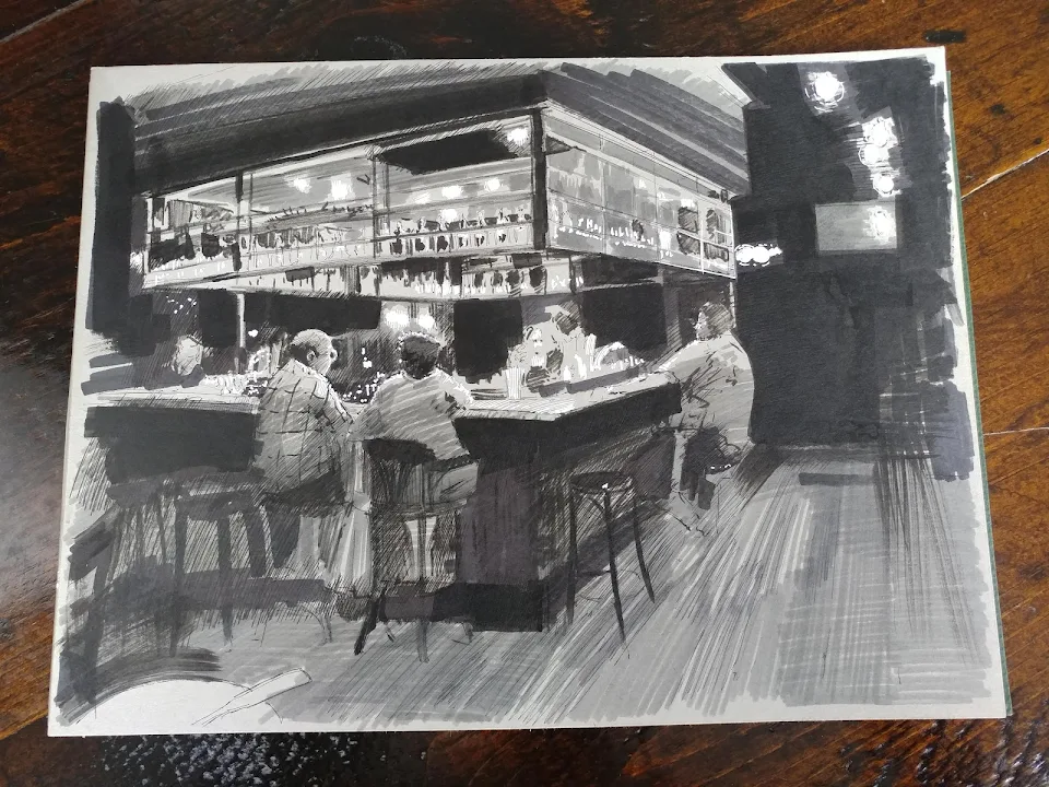 sketched at a bar with pen, marker and ink on toned paper