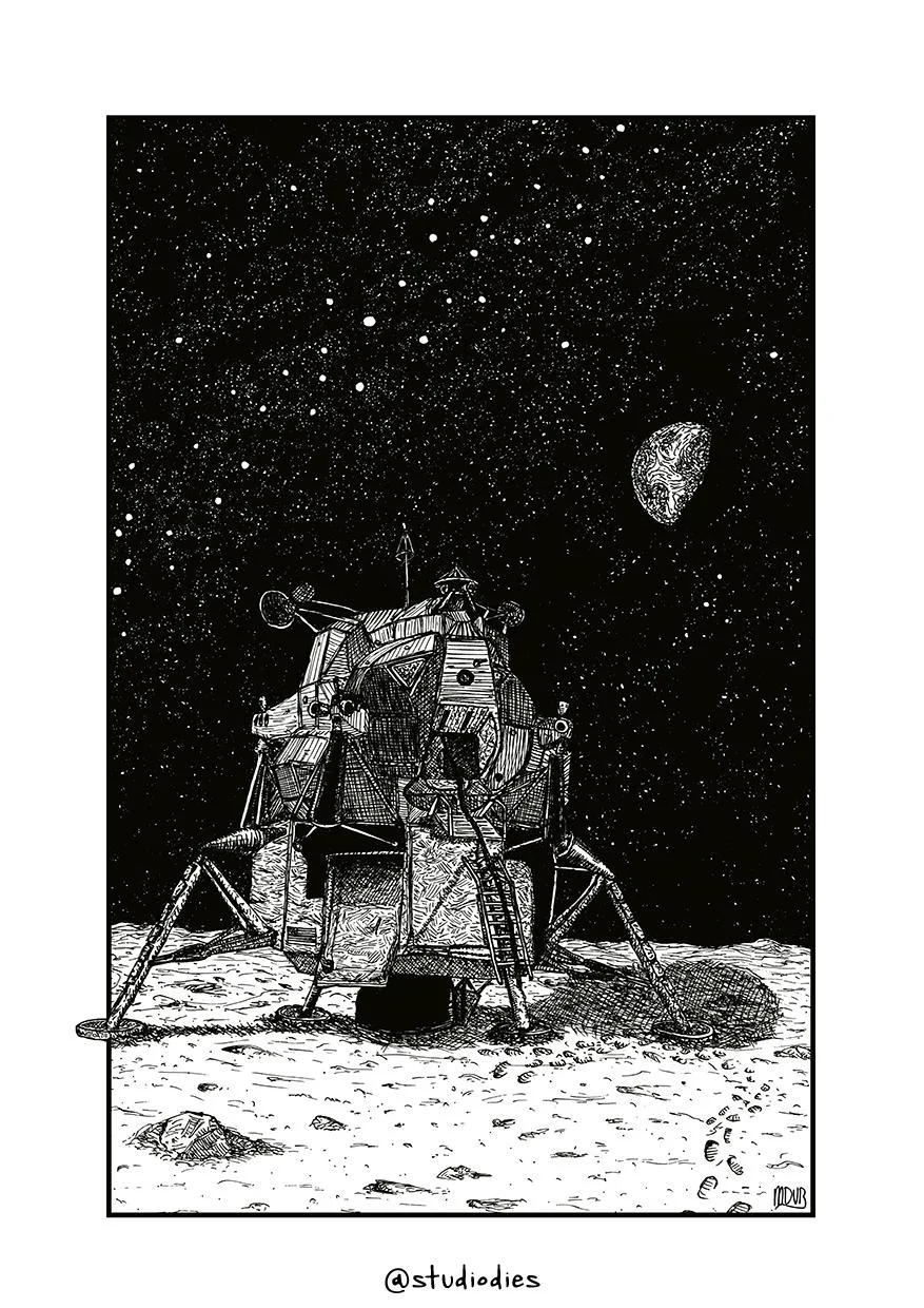 Lunar Landing, hand-drawn with fineliners