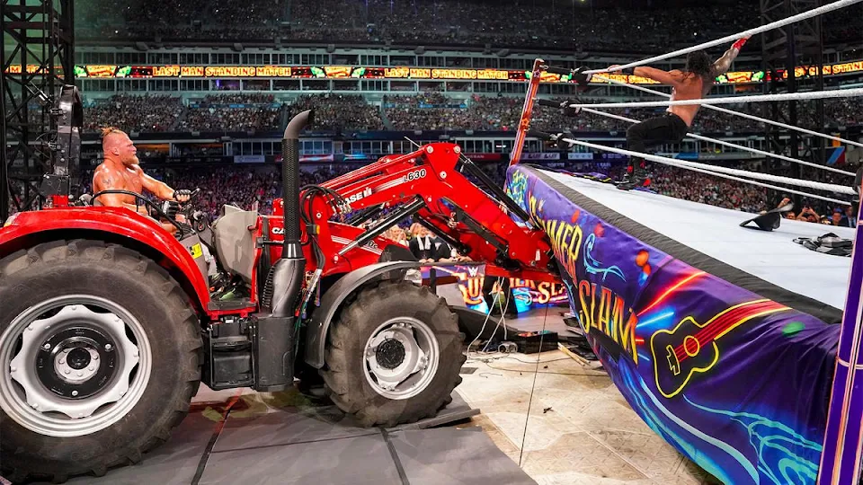 Brock Lesnar flipping a ring with a tractor