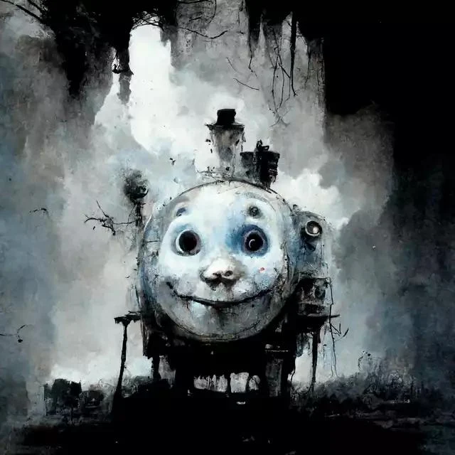 Thomas the Tank Engine in the style of Stephen Gammell