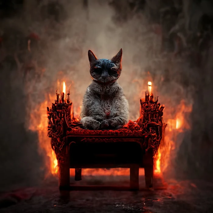 A cat sitting on the throne in hell