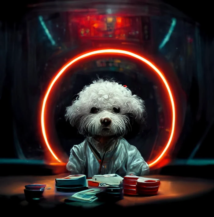dog Bichon playing Poker with a black hole in the background, cyberpunk