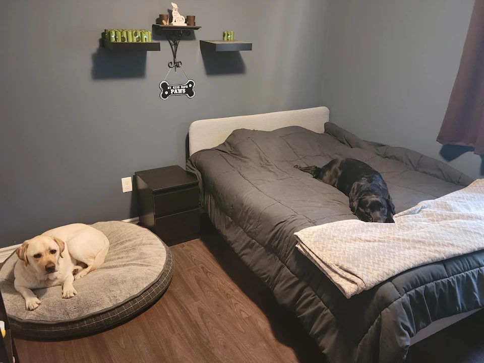 Yes they have their own bedroom and yes she hogs the entire double bed herself