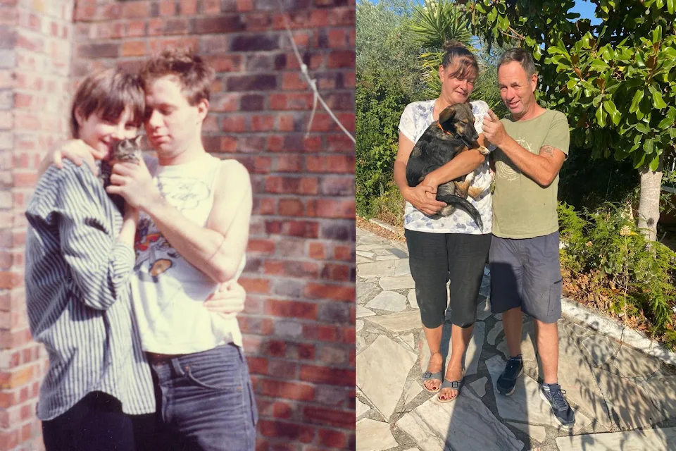 My wife and I with our first cat, Spike, in 1986 and with our first dog, Millie, in 2022