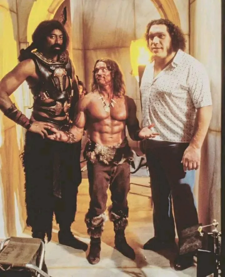 Arnold Schwarzenegger with Wilt Chamberlain and André The Giant in 1984