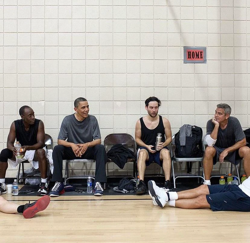 Don Cheadle, Barack Obama, Tobey Maguire and George Clooney after a hoop session 🏀.